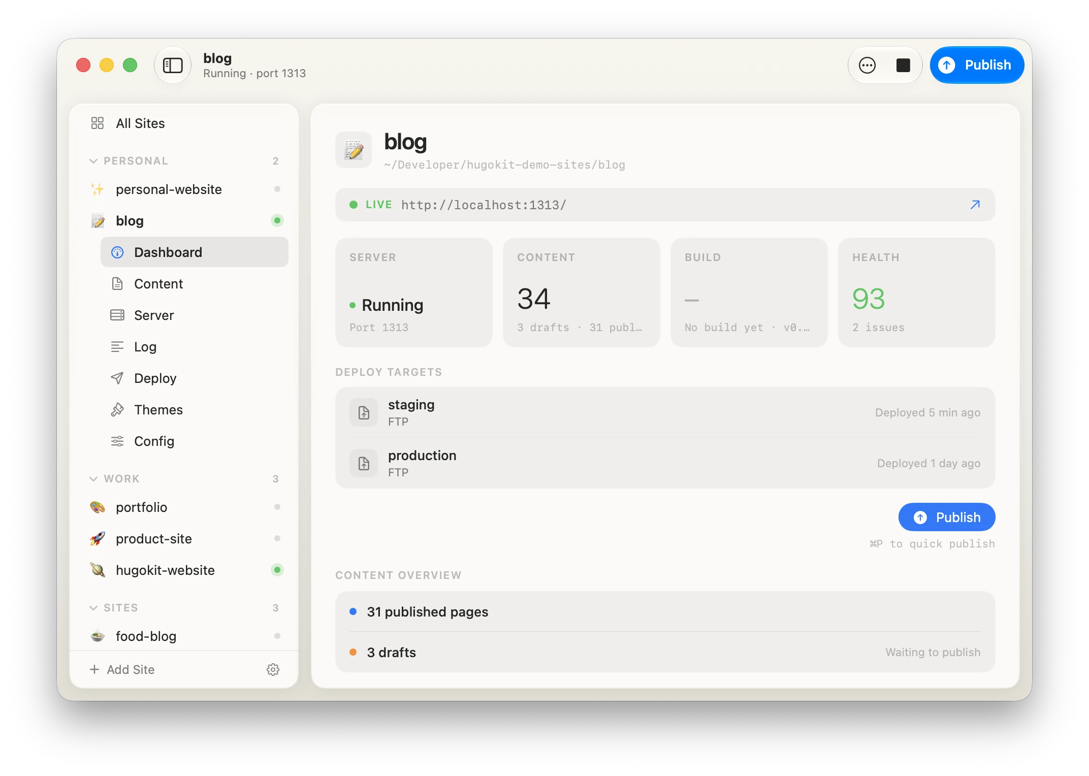 HugoKit showing server controls, site health, content, build logs and publishing.