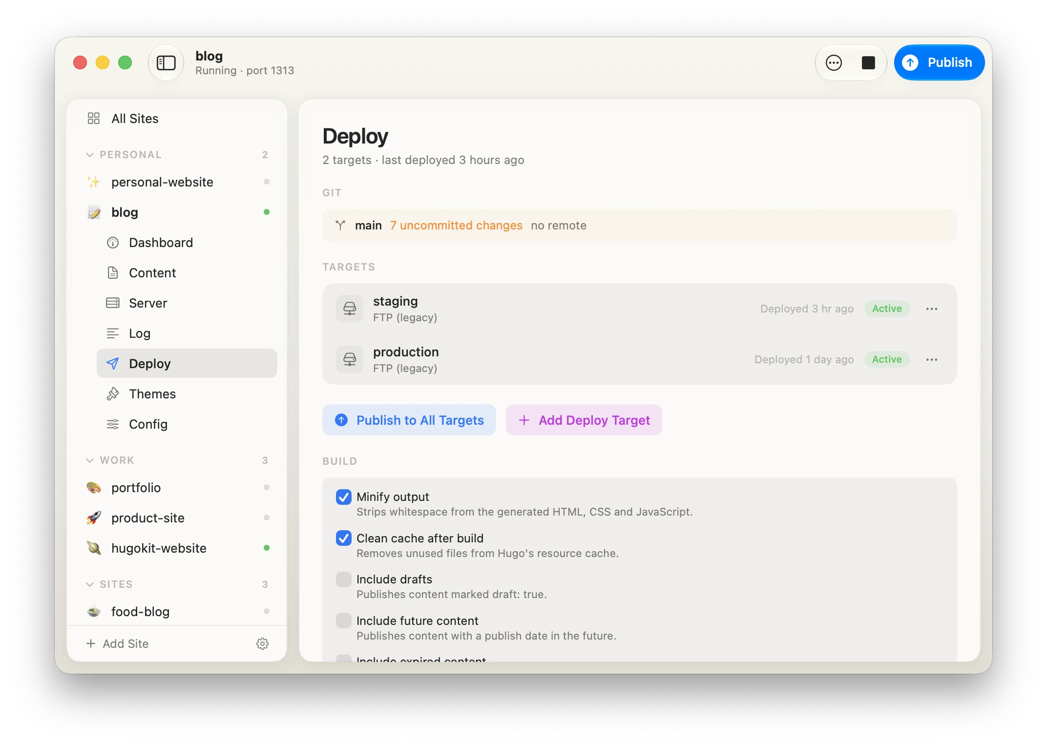 The Deploy view: a configured deploy target with Add Deploy Target and a history of successful deploys.