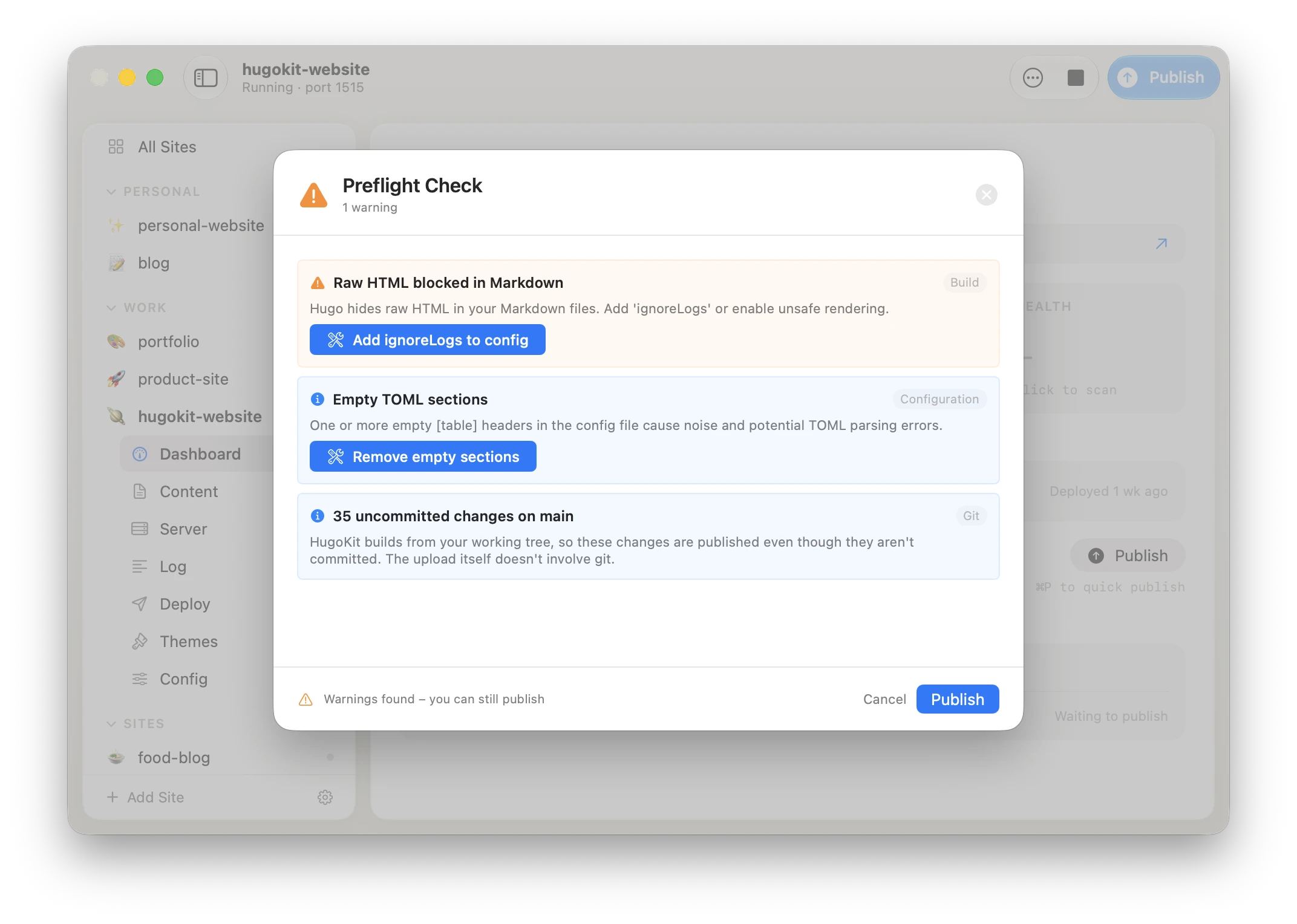 HugoKit's preflight check presenting a fix as a diff before publishing.