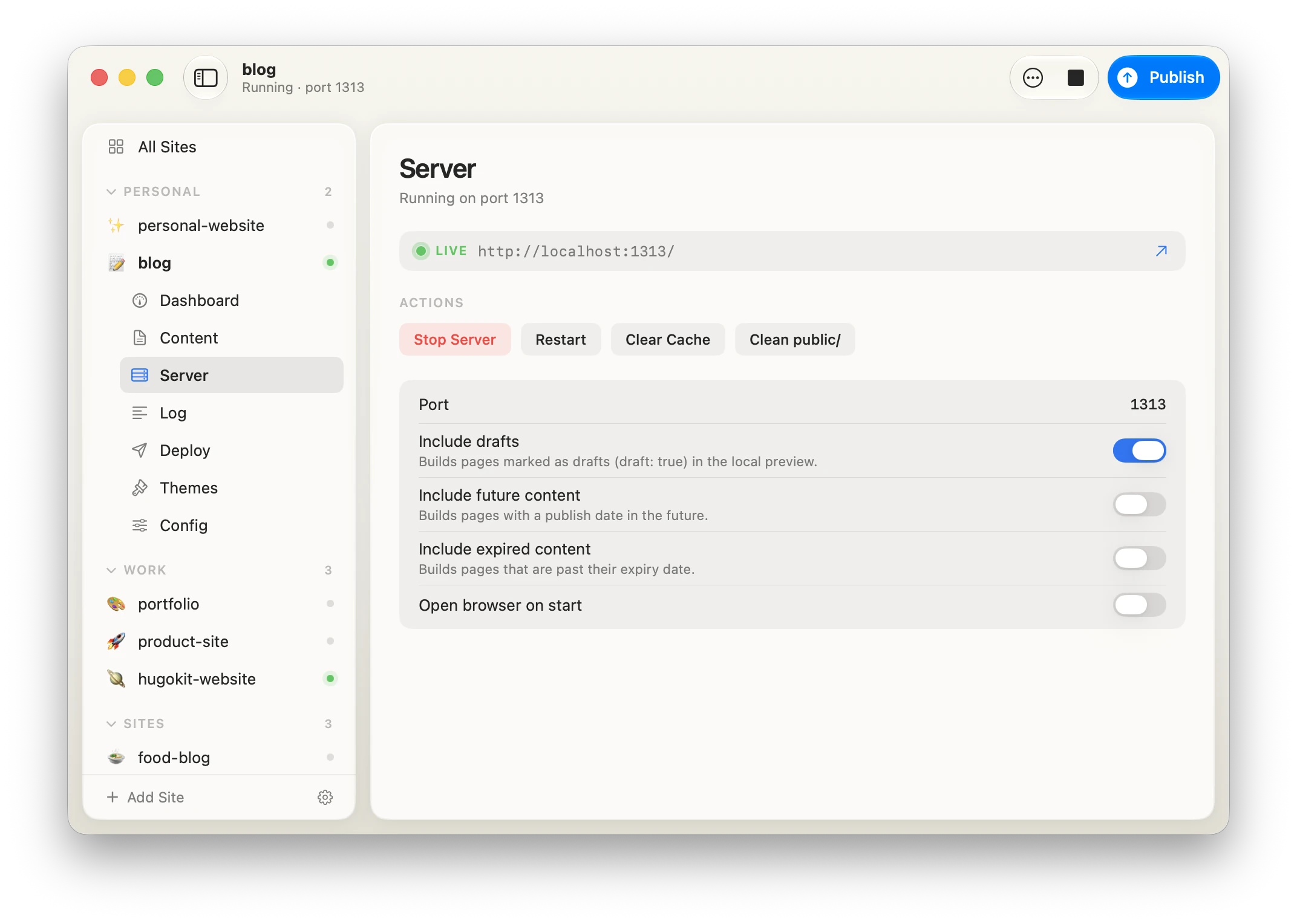 The Server view: live URL, stop and restart actions, and toggles for drafts, future and expired content.