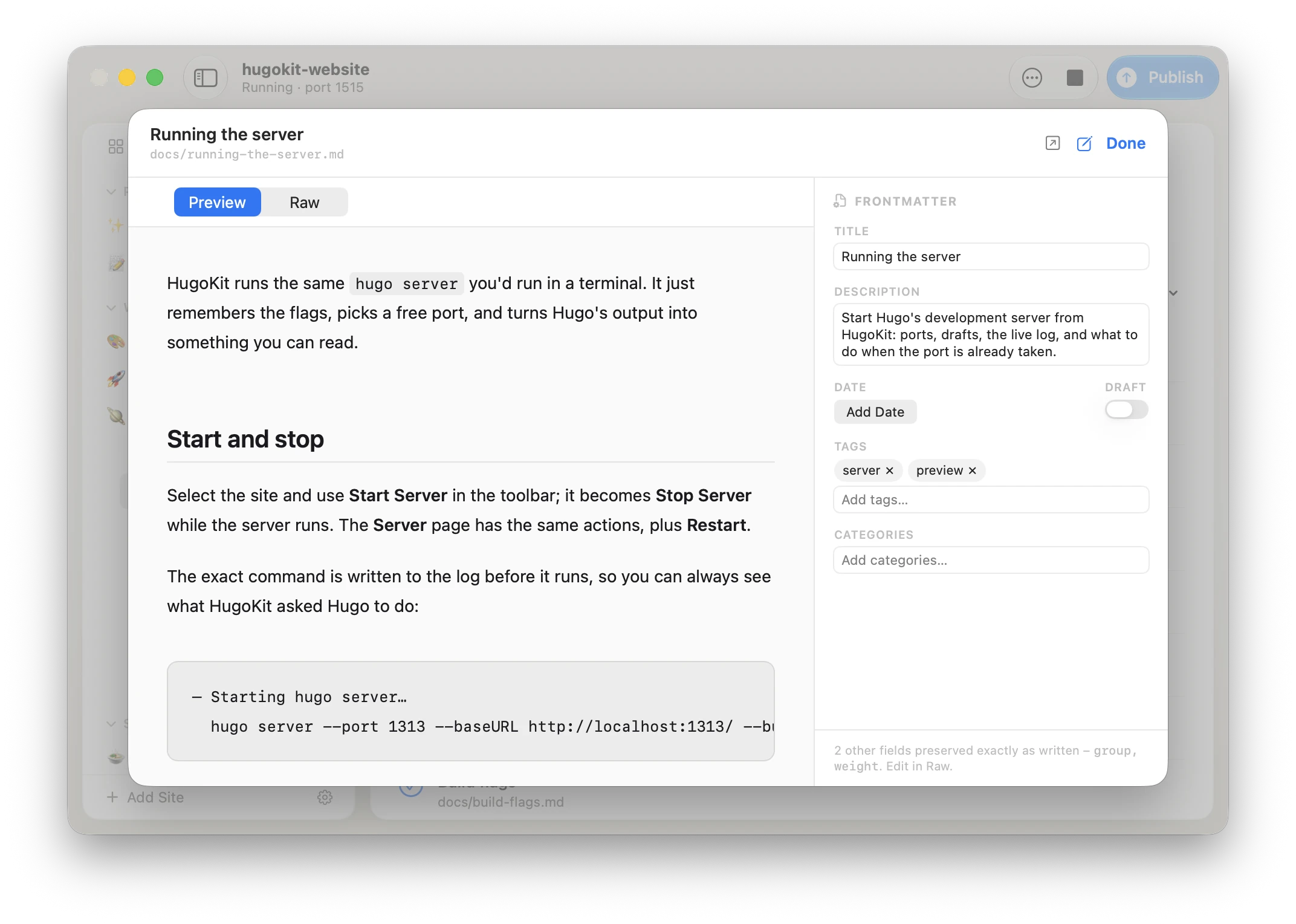 The Content file sheet with the front matter inspector beside the page – title, description, date, tags and categories as fields.