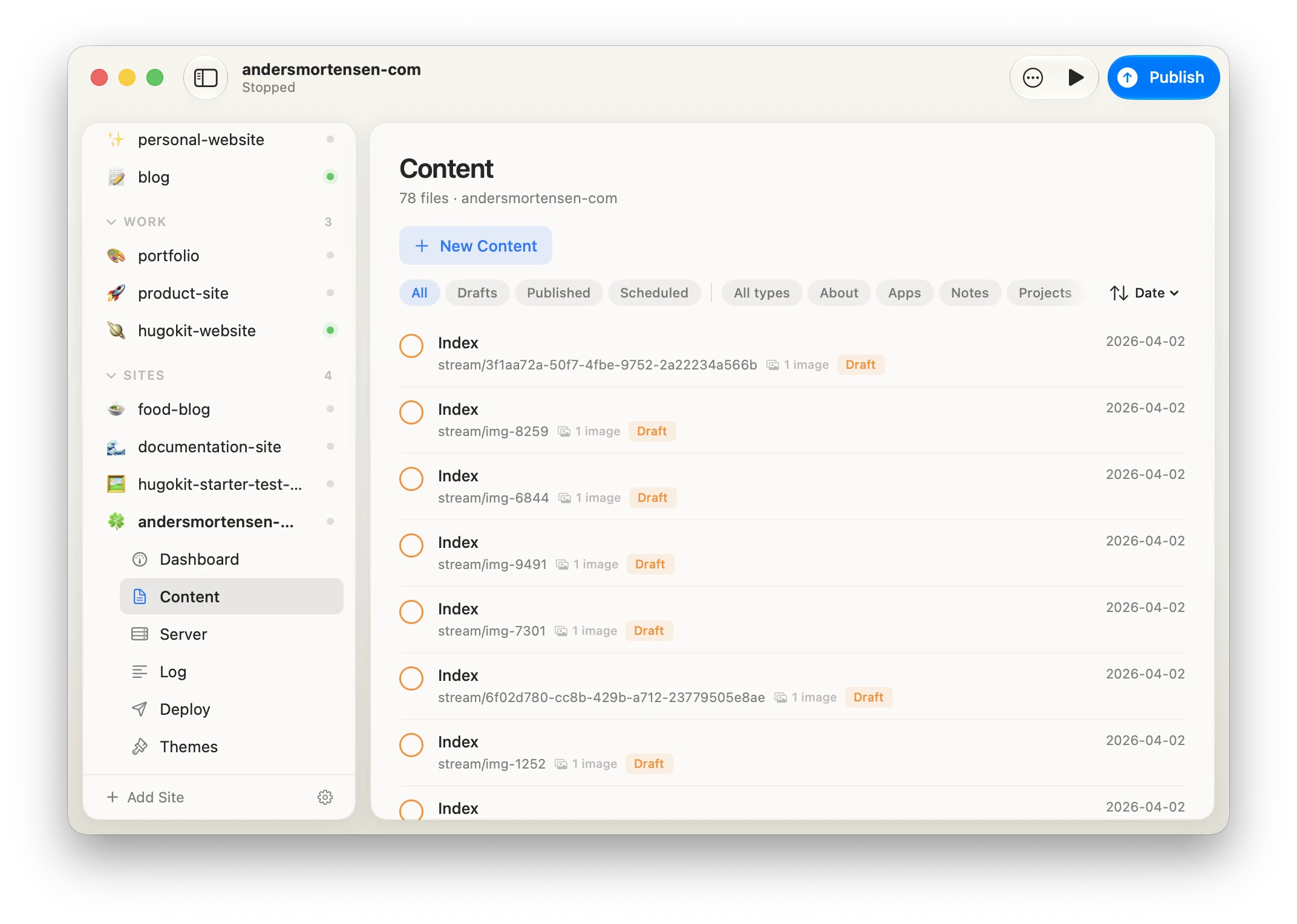 A page bundle in the Content list: one row with a photo icon and image count instead of a folder of loose files.