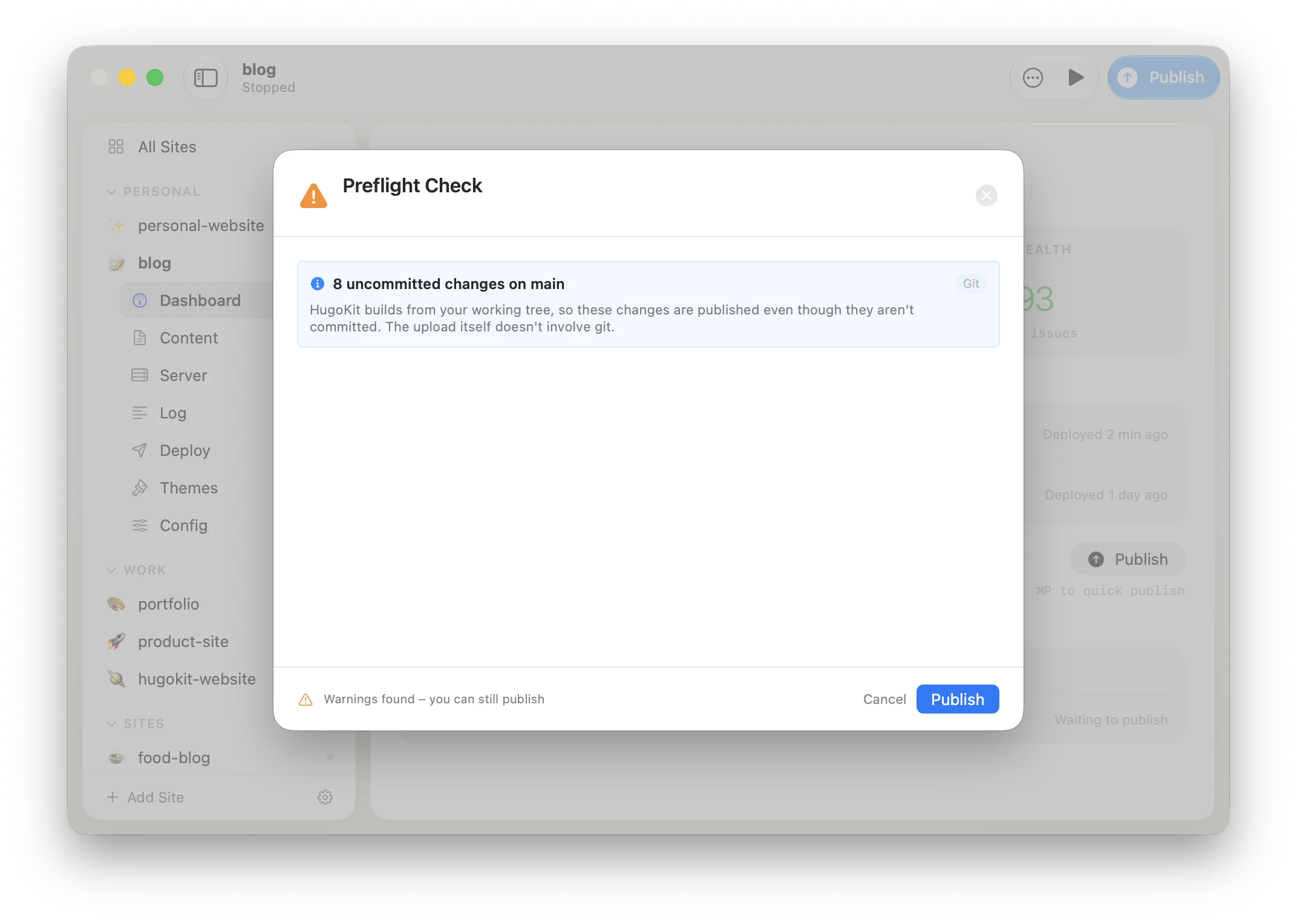 HugoKit's preflight report: the pre-publish checks, with a fix offered as a red and green diff to approve.