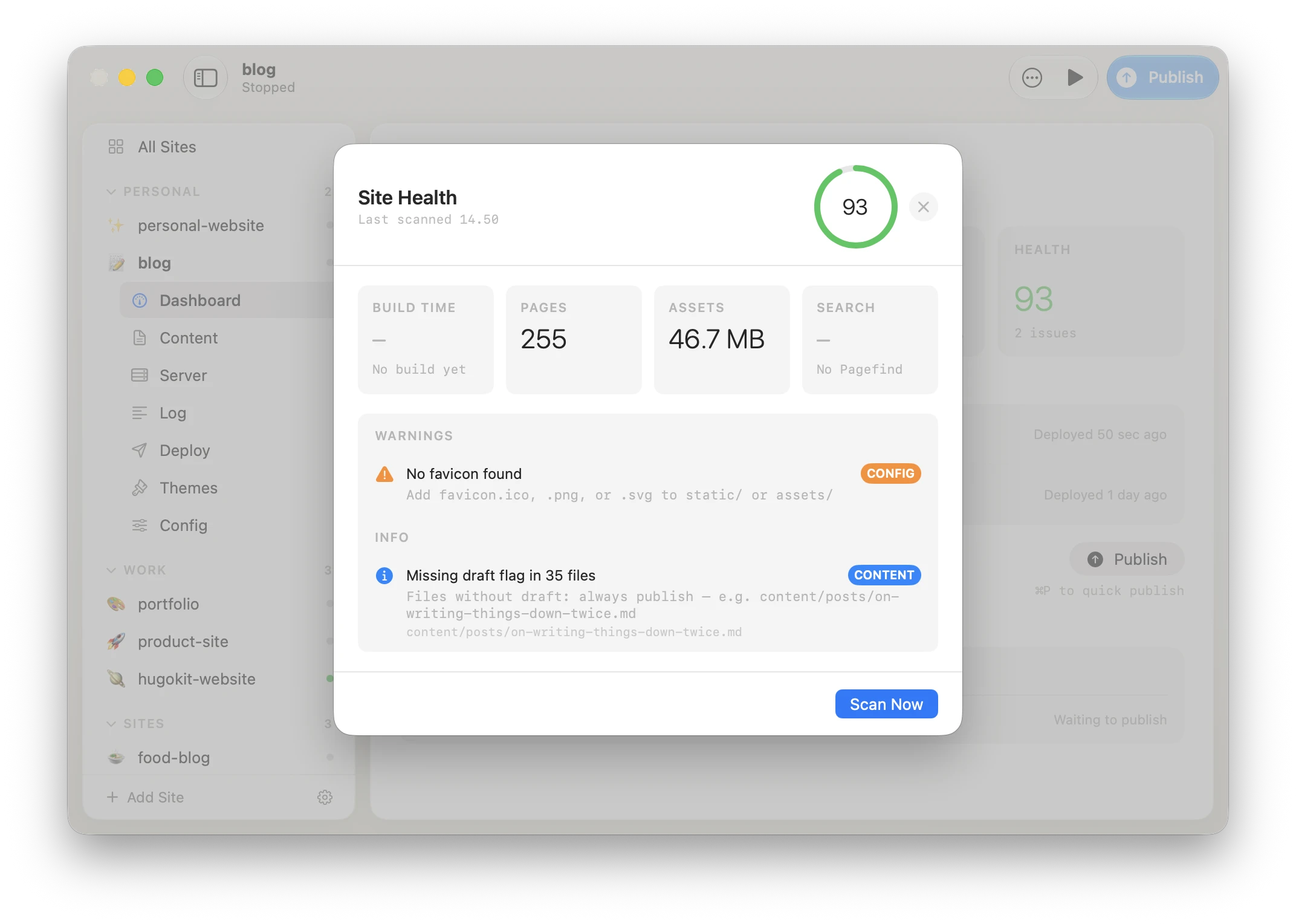 HugoKit's Site Health sheet: a score out of 100, with warnings and info issues listed and tagged by category.