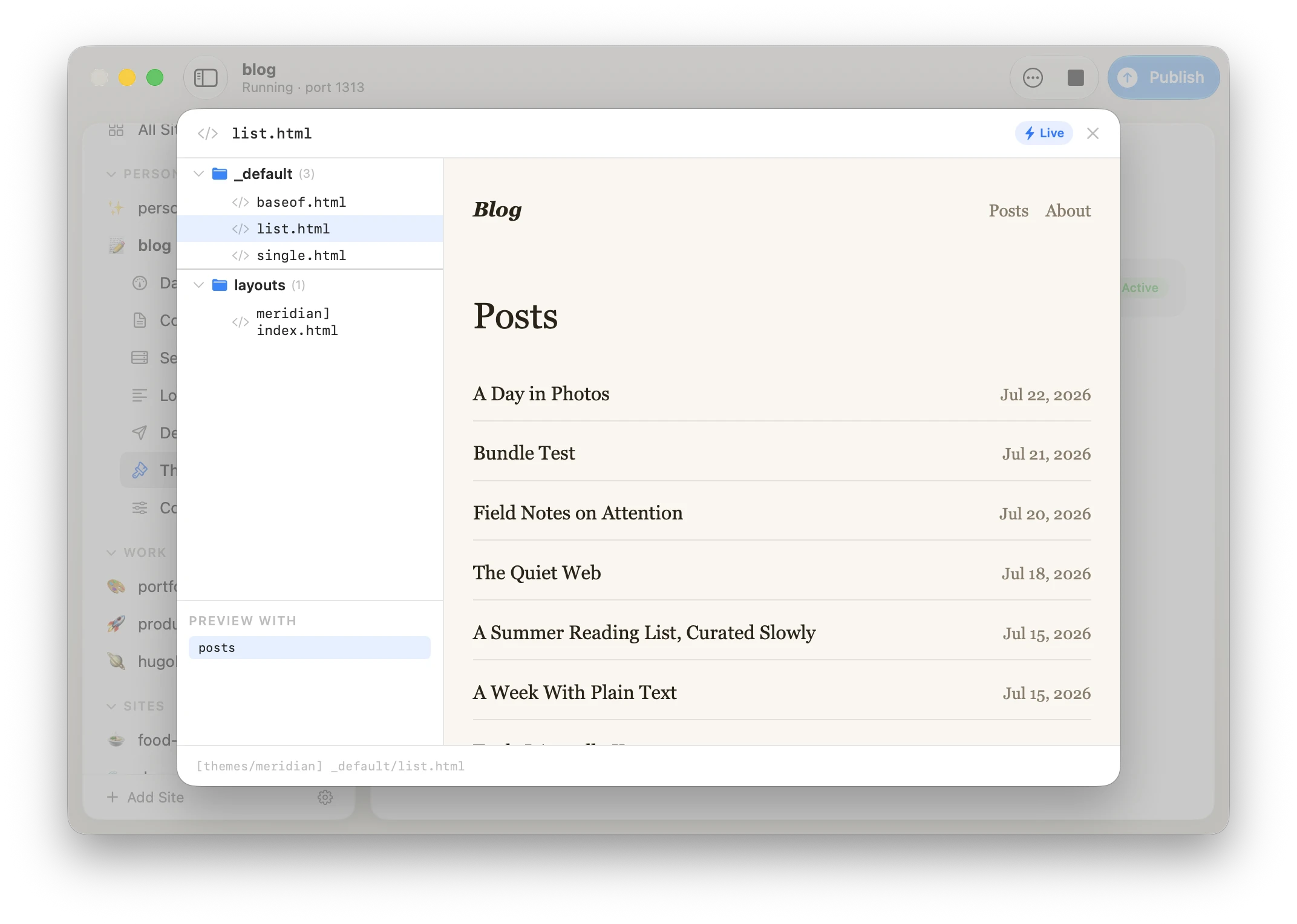 Template Preview: the layout file tree on the left and the live rendered page on the right.